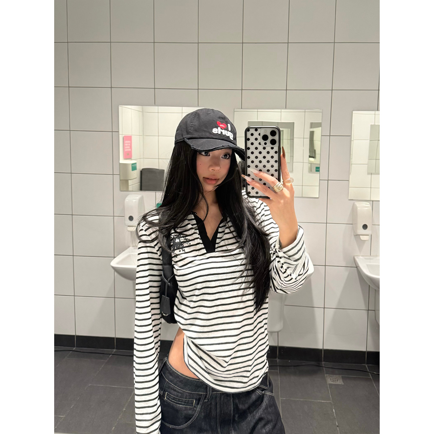 F383 美式复古慵懒感撞色polo翻领条纹长袖t恤女设计感v领上衣ins
