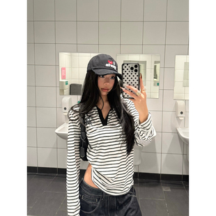 F383 美式复古慵懒感撞色polo翻领条纹长袖t恤女设计感v领上衣ins