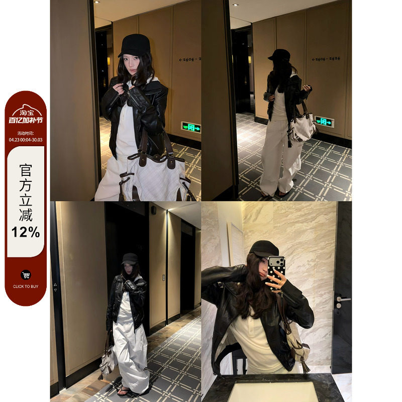 F383 美式复古酷飒风机车皮衣外套男女高级感翻领修身显瘦夹克ins