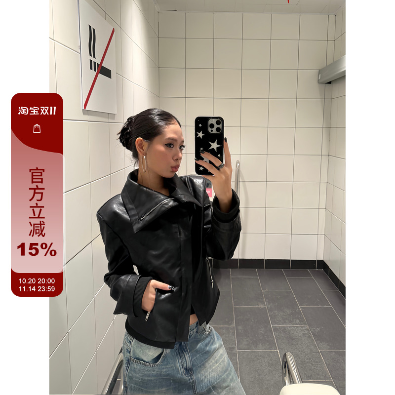 F383 美式复古拼接翻领斜边拉链修身显瘦百搭皮革夹克短外套女ins