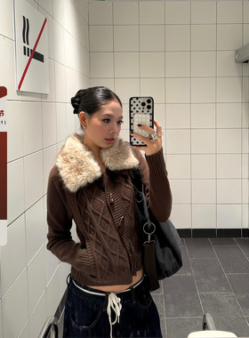 F383 美式复古菱格毛毛领毛衣牛角扣针织麻花女款修身开衫外套ins