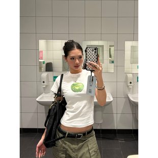 T恤女夏修身 复古爱心苹果印花正肩短袖 显瘦百搭圆领上衣 美式 F383