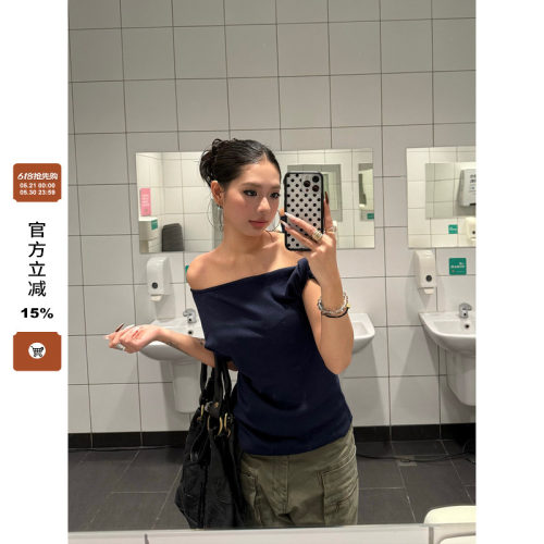 【F383】华夫格修身露肩短袖