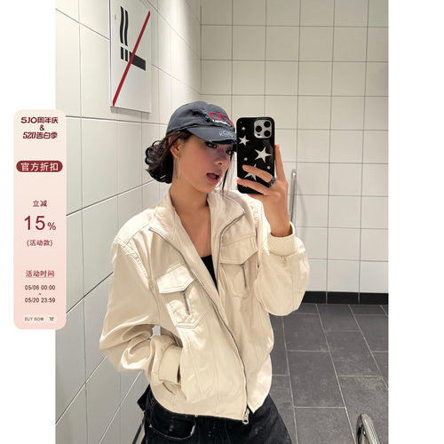 F383 美式复古竖拉链cleanfit短款修身翻领夹克多口袋外套男女ins