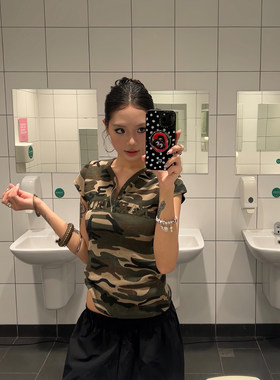 F383美式复古v领迷彩正肩短袖