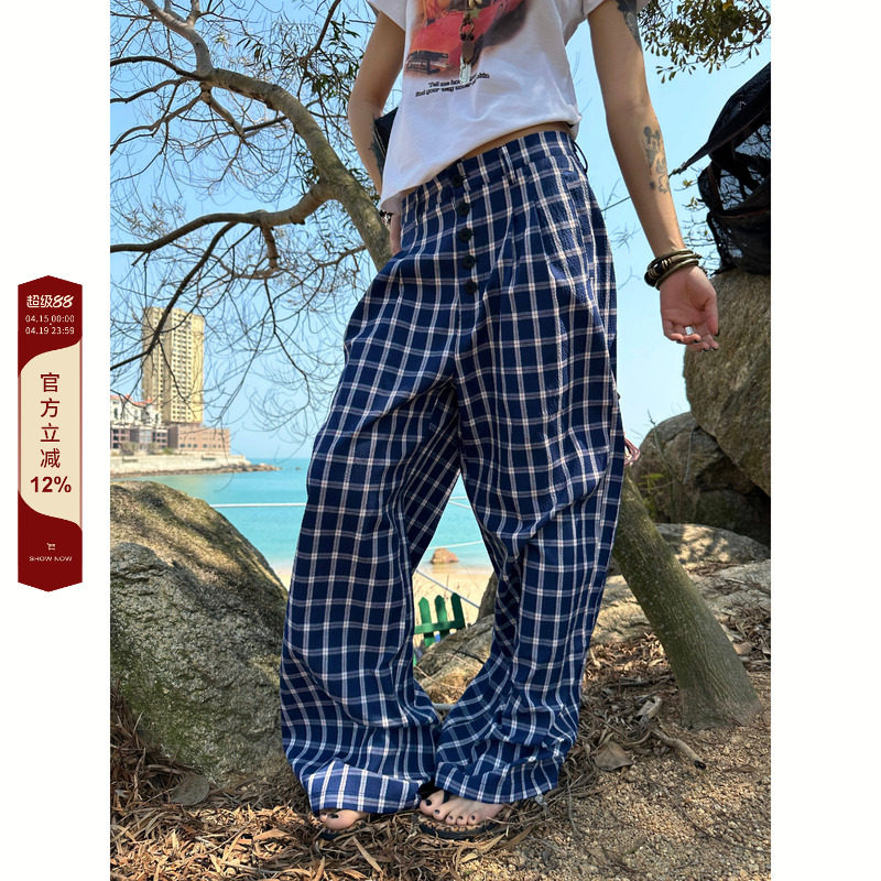 F383 2026美式复古格子休闲裤宽松慵懒风阔腿直筒拖地赵露思同款