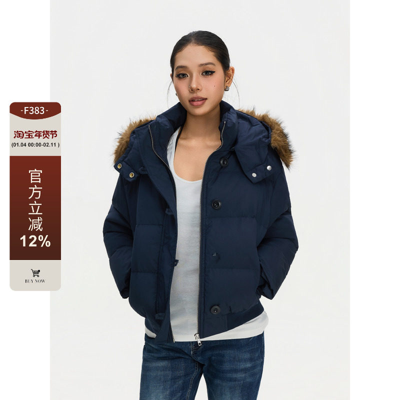 F383 美式复古藏青色休闲百搭短款棉袄毛领加厚保暖棉服外套女ins