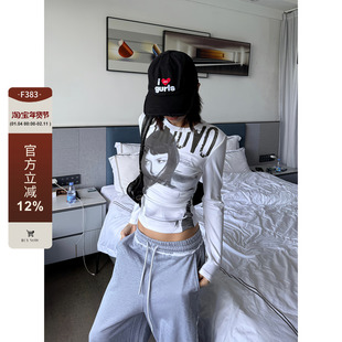 F383 美式复古人物字母印花正肩长袖T恤辣妹修身显瘦圆领打底上衣