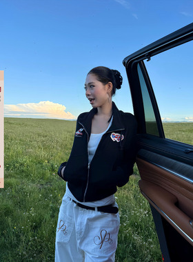 F383 美式复古美拉德爱心刺绣立领针织衫女秋季休闲修身显瘦外套