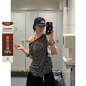 复古辣妹星星斜肩短袖 F383 美式 T恤女夏撞色条纹百搭显瘦露肩上衣