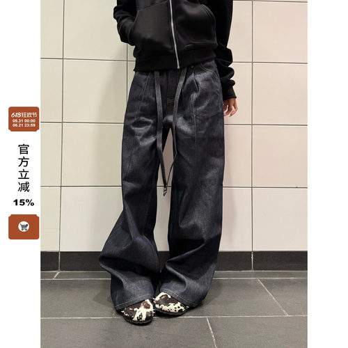 F383宽松水洗绑带设计牛仔裤