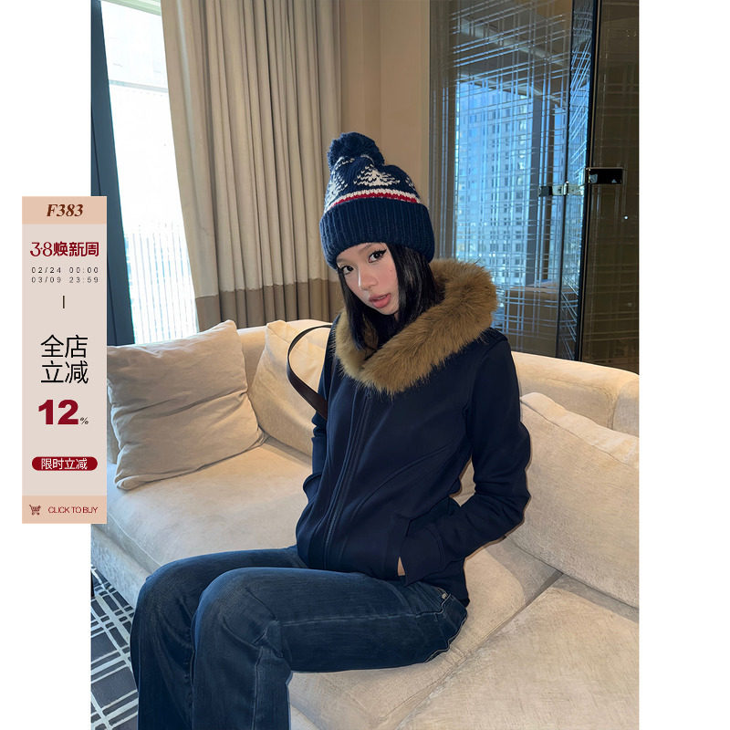 F383 美式复古毛领加绒连帽卫衣辣妹正肩修身收腰拉链保暖短外套