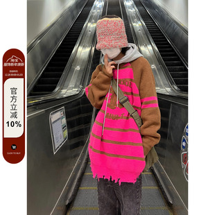 复古宽松条纹撞色圆领毛衣男女百搭长袖 F383 2022AW国潮原创美式