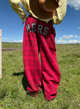 F383 美式复古街头红色格纹休闲裤男女新款宽松运动显瘦阔腿裤ins