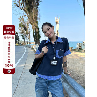 女挂牌衬衣宽松上衣ins F383 美式 复古假两件撞色口袋短袖 polo衬衫