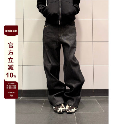 F383 美式复古cleanfit原牛黑色牛仔裤男女潮流休闲宽松阔腿裤子