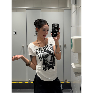 F383 美式复古辣妹人像字母印花短袖T恤修身设计感显瘦上衣女夏季