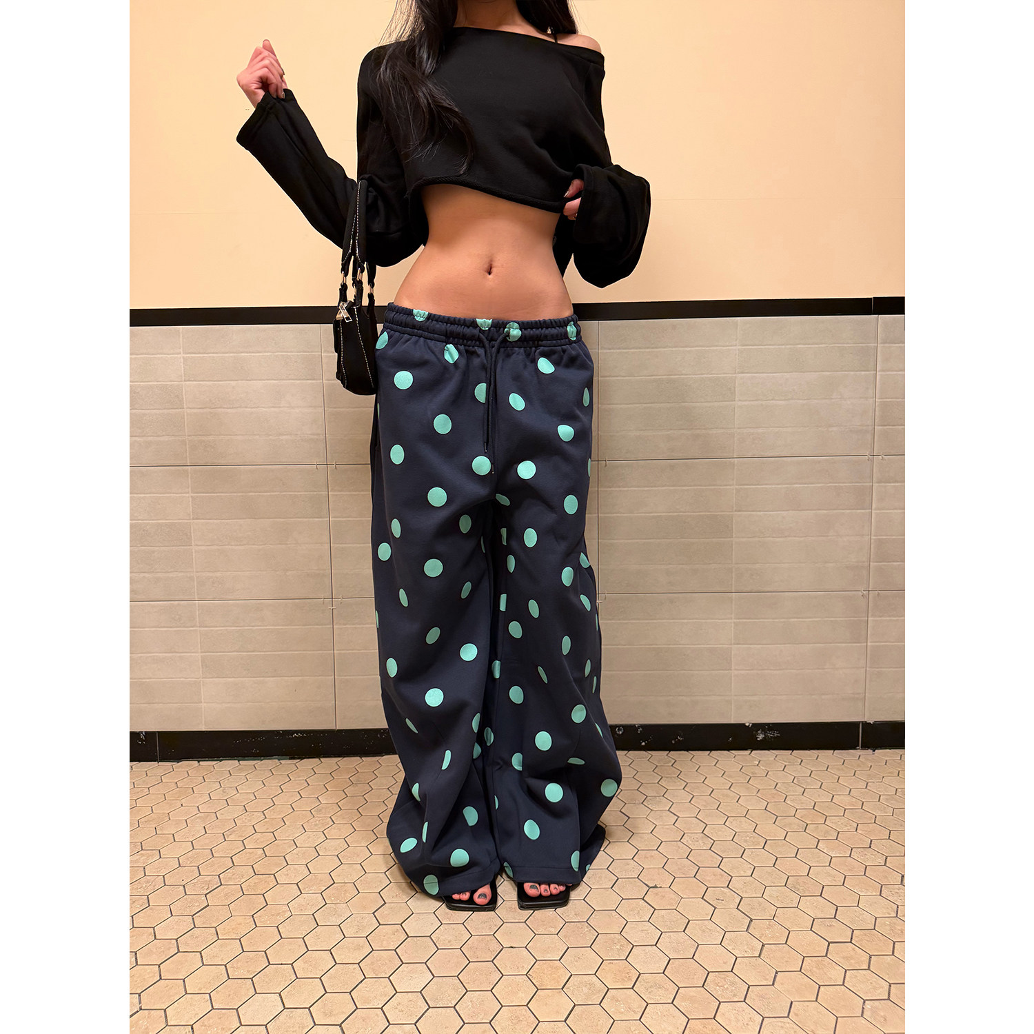 FFR 美式复古波点满印字母刺绣松紧腰阔腿裤男女宽松百搭弯刀裤