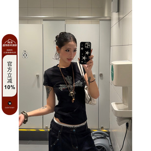 内搭打底衫 F383 T恤收腰修身 复古十字印花正肩短袖 辣妹上衣女 美式