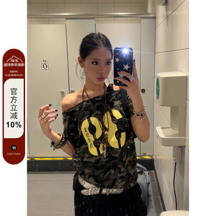 辣妹T恤宽松百搭显瘦女ins 复古迷彩斜肩设计感短袖 F383 2025美式