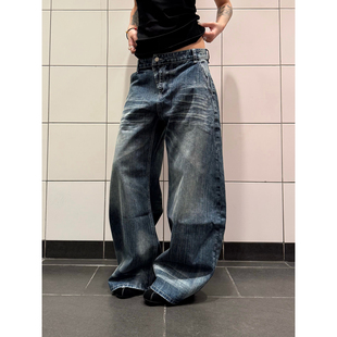 男女设计感宽松直筒长裤 复古水洗猫须竹节纹阔腿牛仔裤 美式 F383