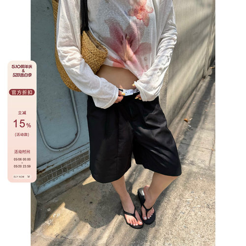 【F383】垂感褶皱五分西裤