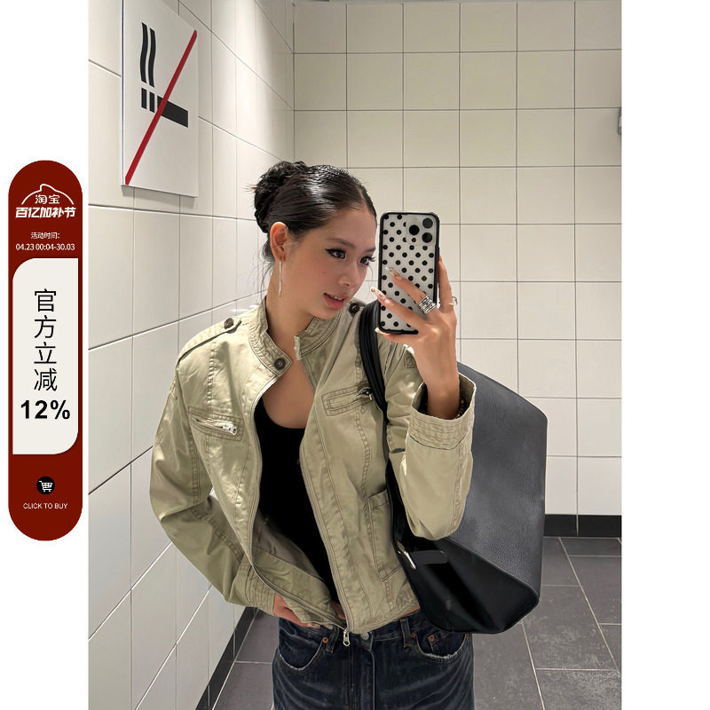 F383 美式复古立领做旧短款牛仔外套女早秋新款显瘦正肩夹克上衣