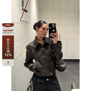 F383美式复古短款翻领皮衣外套女早秋修身PU复古机车夹克上衣ins