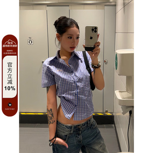 2025美式 薄款 复古刺绣格子短袖 修身 衬衣正肩显瘦上衣ins 衬衫 F383