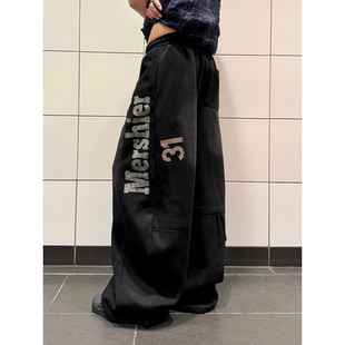 男女宽松休闲百搭直筒ins 复古做旧字母弯刀阔腿拖地卫裤 F383 美式