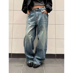 男女宽松百搭阔腿长裤 复古水洗猫须磨破设计直筒牛仔裤 美式 F383