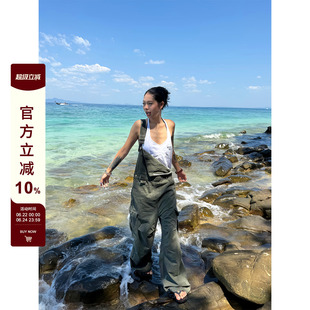 F383 美式复古做旧工装牛仔背带裤夏季设计感多口袋宽松直筒长裤