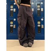 美式 复古大口袋设计感灰色工装 裤 F383 男女宽松休闲直筒阔腿裤 子