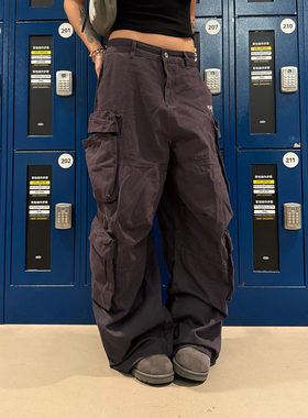 F383 美式复古大口袋设计感灰色工装裤男女宽松休闲直筒阔腿裤子