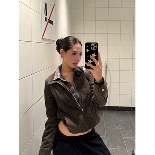 F383 复古灯芯绒夹克做旧翻领上衣慵懒风辣妹百搭短外套女ins 美式