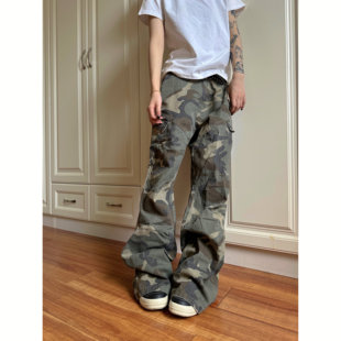 F383 2026美式迷彩工装裤男女款直筒hiphop裤子高街vibe微喇叭裤