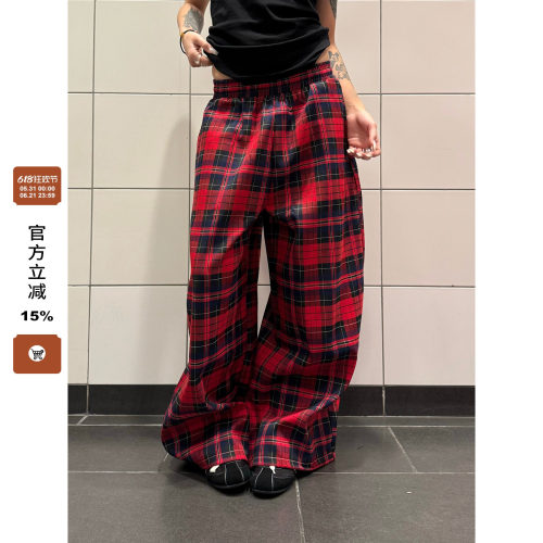 F383拼色格子抽绳休闲裤