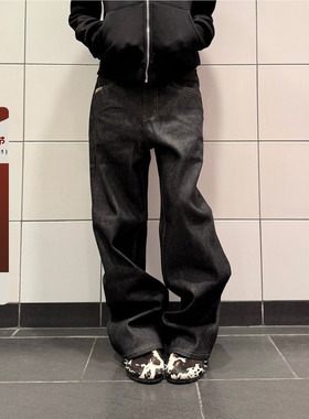 F383 美式复古cleanfit原牛黑色牛仔裤男女潮流休闲宽松阔腿裤子