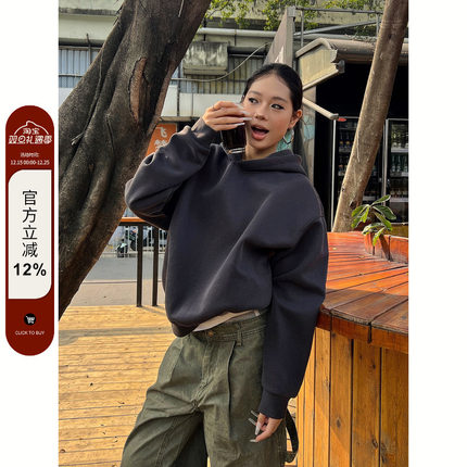 F383 2025美式重磅纯色简约设计连帽卫衣复古cleanfit短款帽衫潮