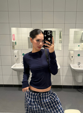 F383 美式复古辣妹修身显瘦内搭长袖T恤女四色打底衫简约短款上衣