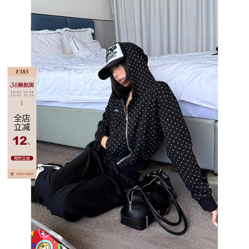 F383 美式复古波点满印连帽短款卫衣辣妹休闲百搭开衫外套女秋款
