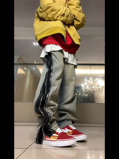 ins 男女水洗百搭直筒长裤 F383 2022AW国潮原创做旧侧开拉链牛仔裤