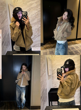 F383 美式复古毛领麂皮绒夹棉铆钉长袖夹克外套女休闲保暖上衣ins