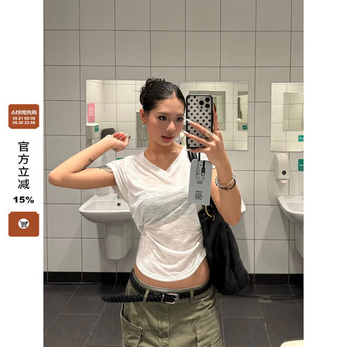【F383】微透辣妹收腰V领短袖