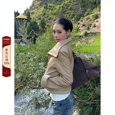 F383翻领斜边拉链夹克外套