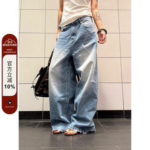 男女宽松阔腿休闲长裤 复古做旧水洗蓝色直筒牛仔裤 子ins 美式 F383