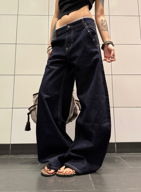 F383 美式复古丹宁原色绿松石弯刀牛仔裤男女款A字直筒阔腿裤子潮