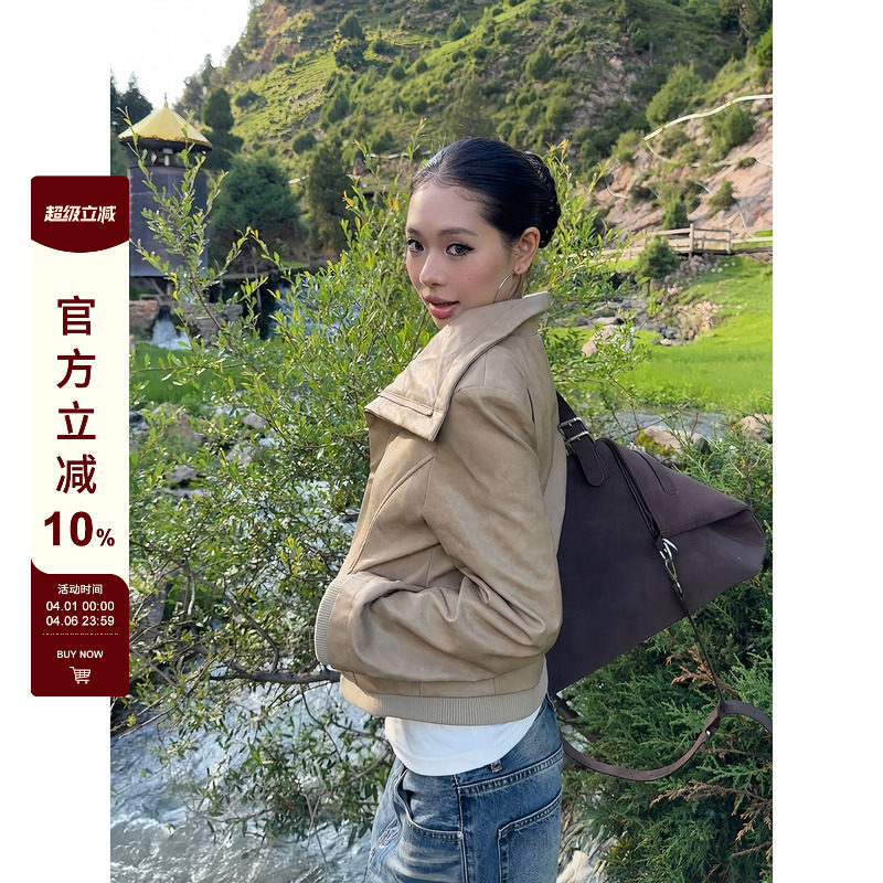 F383 美式复古拼接翻领斜边拉链修身显瘦百搭皮革夹克短外套女ins