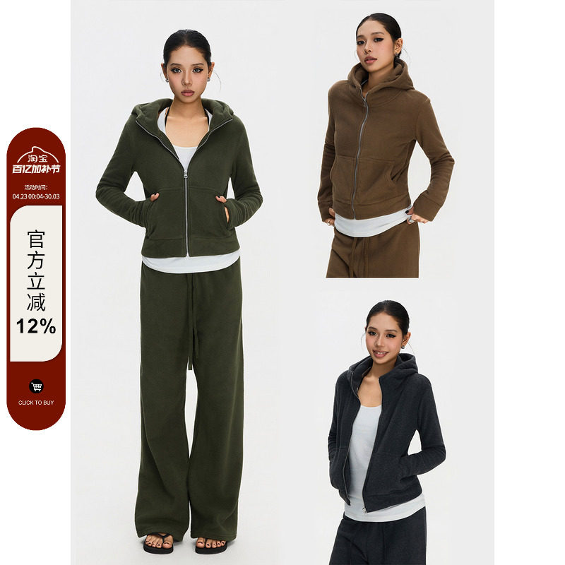 F383 美式复古摇粒绒连帽长袖卫衣女保暖修身拉链开衫短款外套ins