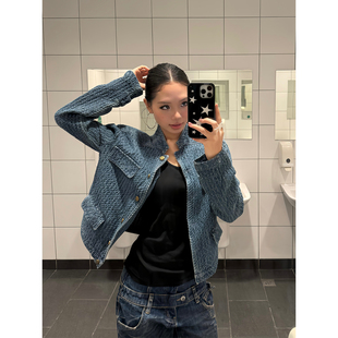 小众设计感蓝色夹克ins 复古高级感气质小香风外套女短款 F383 美式